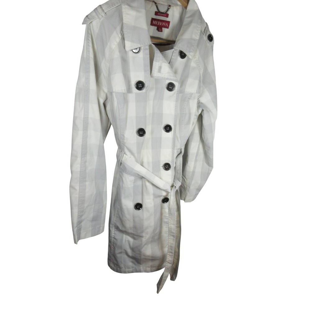 Merona Womens Plaid Trench Coat Cream Gray Water Repellent Double Breasted L - Picture 2 of 9
